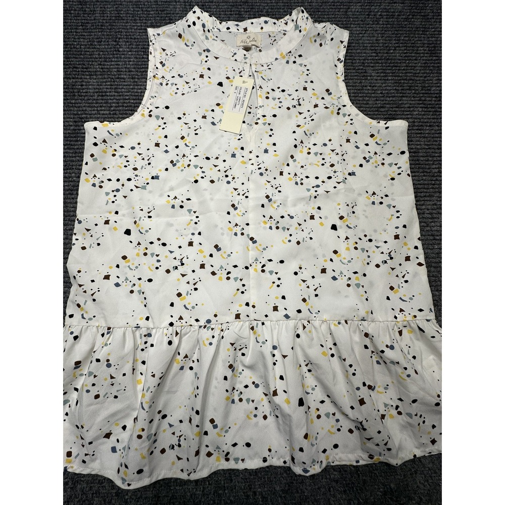 Très Jolie Blouse‎ Womens Small Ivory Confetti Print Sleeveless Ruffle Hem Top